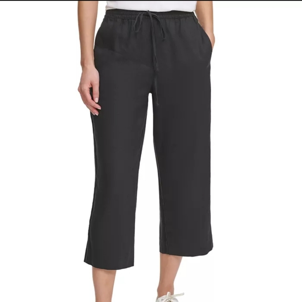 Dkny Pull On Wide Leg Linen Pants Black Size Medium Nwot